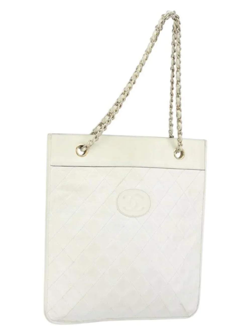 CHANEL Matelasse Chain Shoulder Bag Leather White Gold CC Auth mr1801